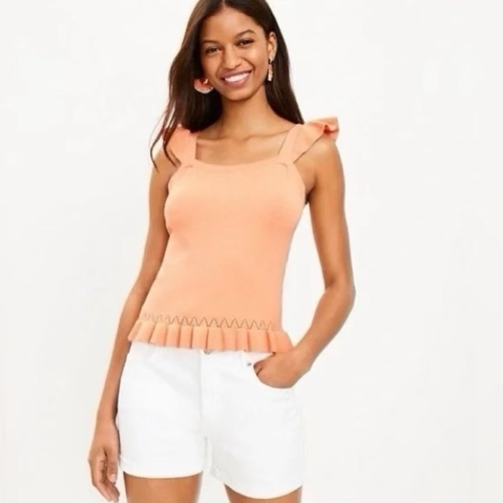 LOFT Size XL Peach Orange Ruffled Square Neck Sweater Knit Tank Top NWOT